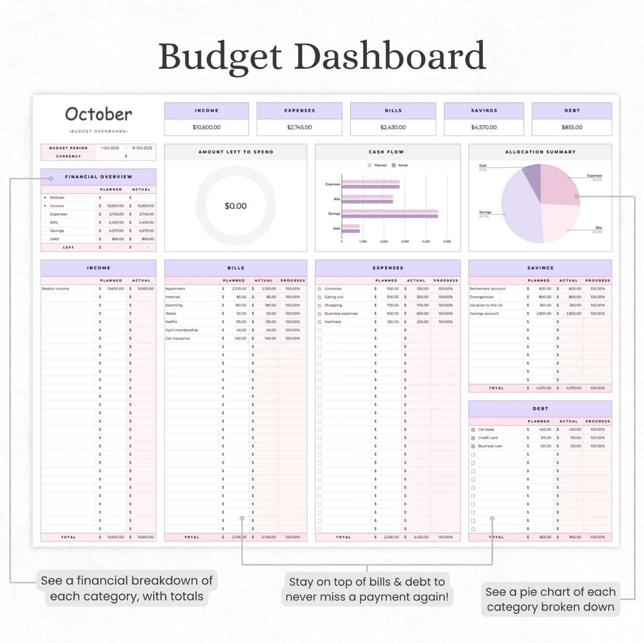 MapleBudget™ Budget Planner for Excel & Google Sheets (all currencies)